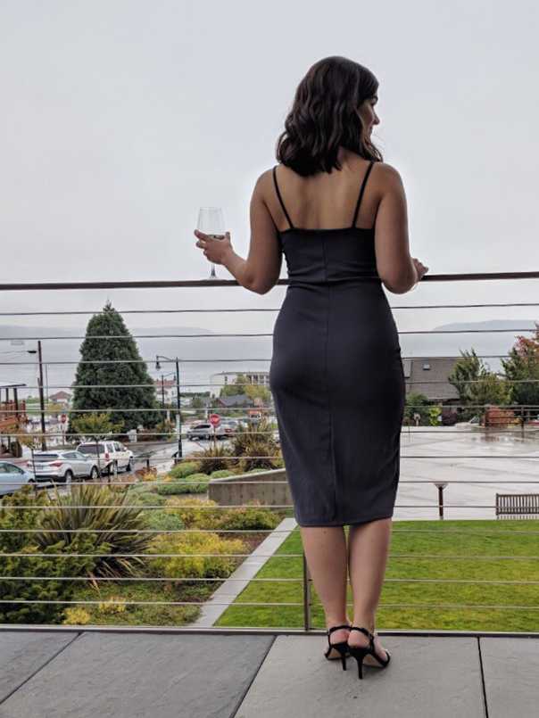 Back of gray sheath dress