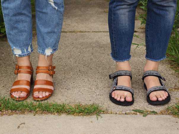 Shoe details, Sara wearing brown, block-heeled, strappy sandals and Jacqs in black and white patterned Tevas